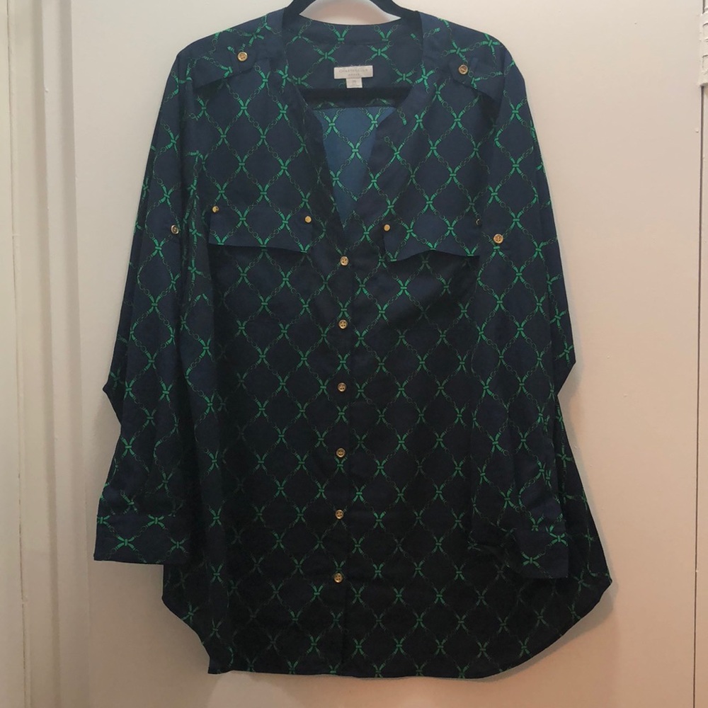 Navy blouse with green designs with gold buttons
